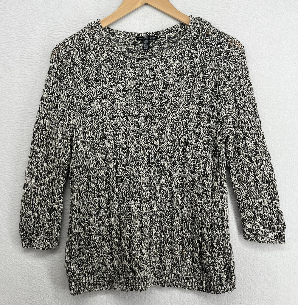 EILEEN FISHER Sweater M Organic Cotton Variegated Cable 3/4 Sleeve Black White